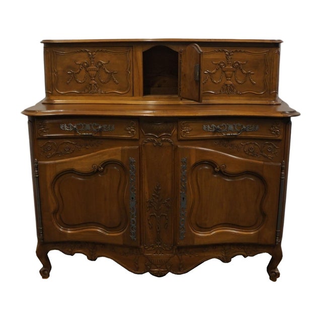Vintage Antique Solid Walnut Louis XV French Provincial Style 66" Buffet Cabinet W. Glissant Top For Sale - Image 4 of 12