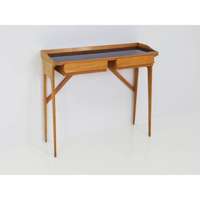 Mid-Century Modern Vintage Italian Console Table with Drawers in Lemonwood and Navy Blue Glass by Silvio Cavatorta, 1956 For Sale - Image 3 of 9