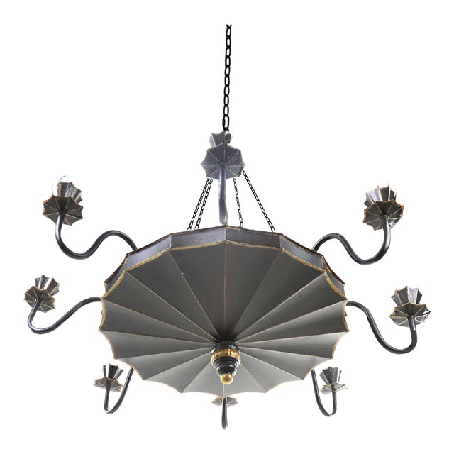 Vintage Handmade Iron Black and Gold 8-Light Chandelier For Sale