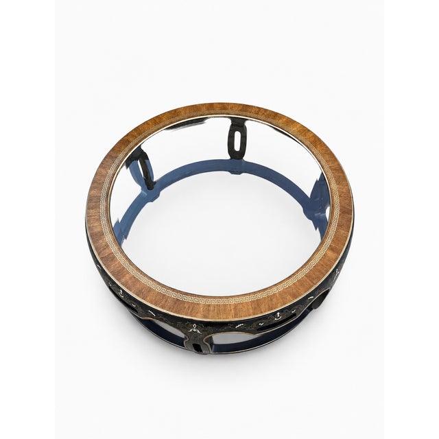 Chinoiserie Vintage Drexel Chinoiserie Black Lacquer & Gold Gilt Round Glass Drum Coffee Table For Sale - Image 3 of 13