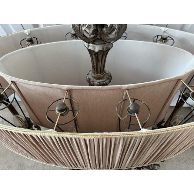 Mid 20th Century Vintage Fine European Gilt Silver Iron & Wood Double-Shaded Chandelier For Sale - Image 5 of 18