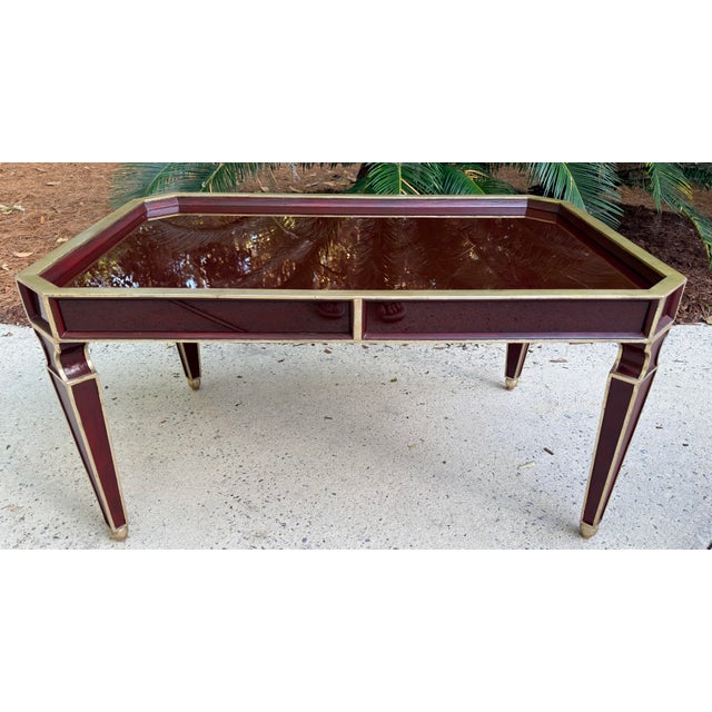 1970s Vintage Art Deco Style Deep Burgandy Lacquered Coffee Table With Gold Accents For Sale - Image 5 of 12