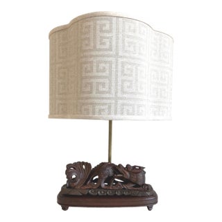 Asian Carved Wood Dragon Roof Tile Lamp & Shade For Sale