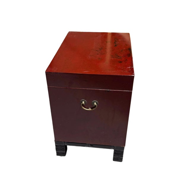 Antique Chinese Raised Red Tansu Box With Brass Butterfly Hardware For Sale - Image 4 of 12