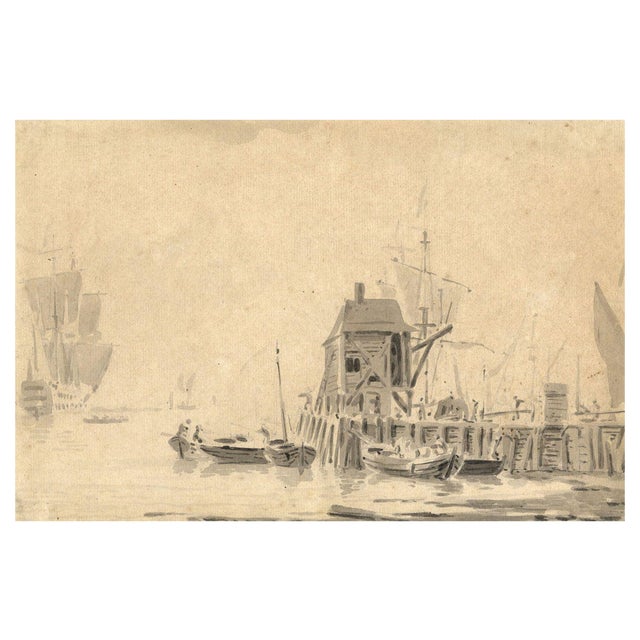 John Henderson, Boats Near a Jetty, 18th Century, Wash Drawing For Sale