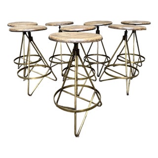 Arteriors Wyndham Swivel Counter Stools Set of 8 Natural Wax Wood Vintage Brass For Sale