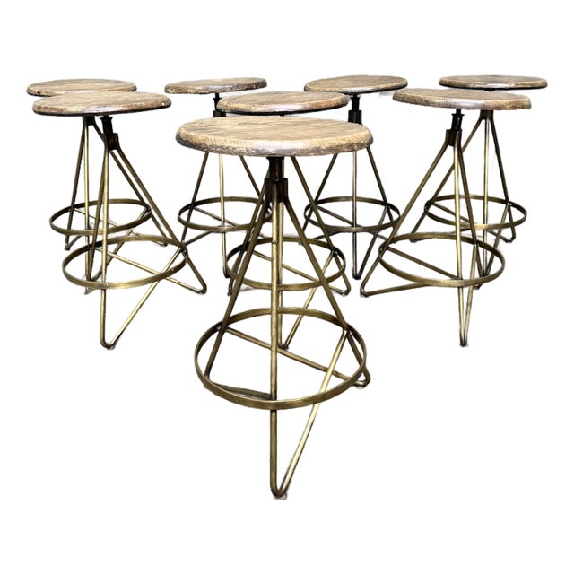 Arteriors Wyndham Swivel Counter Stools Set of 8 Natural Wax Wood Vintage Brass For Sale