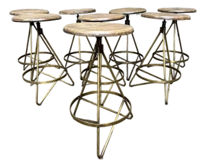 Arteriors Wyndham Swivel Counter Stools Set of 8 Natural Wax Wood Vintage Brass