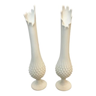 Pair of Mid-Century Fenton Hobnail Art Glass Pedestal Vase With Swung Rim For Sale
