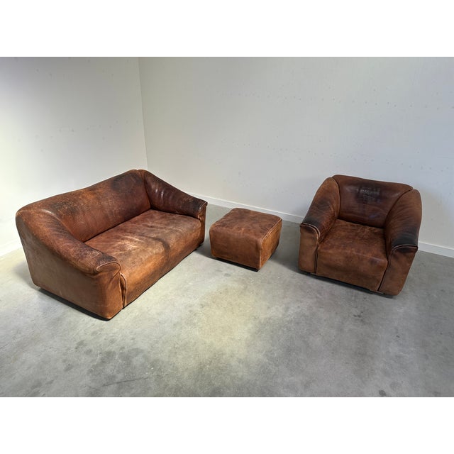 DS47 Sofa with Armchair and Stool in Leather from De Sede, 1970s, Set of 3, in Good conditions. Designed 1970 to 1979 I...
