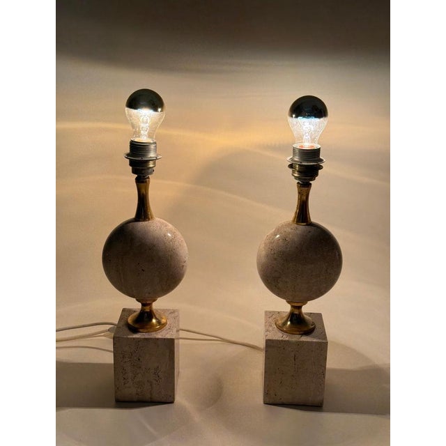 Metal Travertine Table Lamps by Philippe Barbier for Maison Barbier, 1960s, Set of 2 For Sale - Image 7 of 18