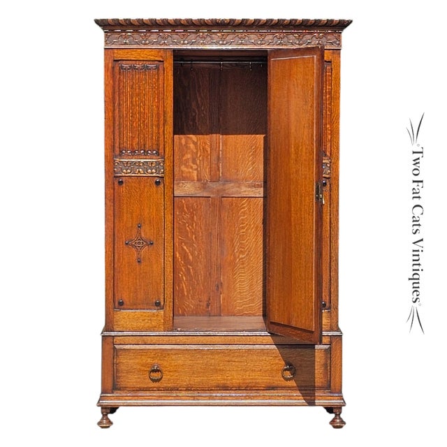 Victorian Antique Victorian Oak Wardrobe | Armoire | 3-Piece Knockdown | Beveled Mirror | Key | 19th Century For Sale - Image 3 of 18