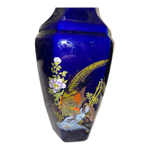 Vintage Japanese Cobalt Blue Porcelain Vase With Pheasant and Floral Decoration