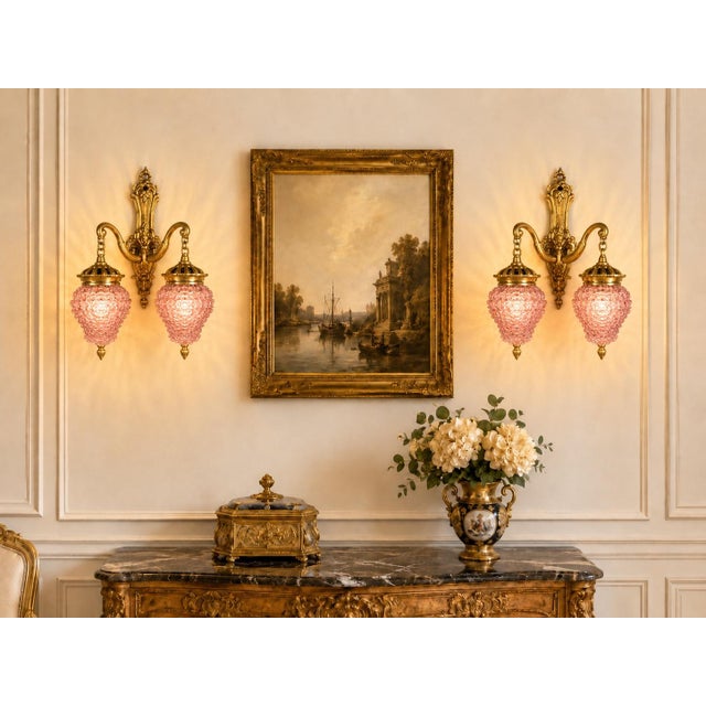 French 1980s French Louis XVI Gold Purple Crystal Wall Lamps Sconces-Pair For Sale - Image 3 of 14