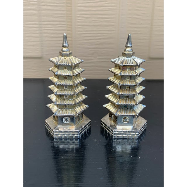 1970s Godinger Silver Plate Chinoiserie Pagoda Salt & Pepper Shakers For Sale In South Bend - Image 6 of 8