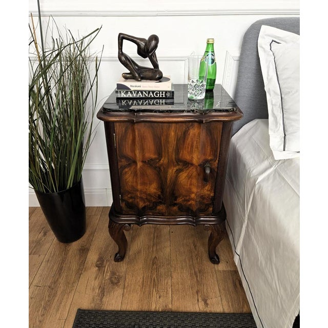 Pair of lovely antique Italian night stands or side tables with greatly carved doors and drawers and Portoro marble top....