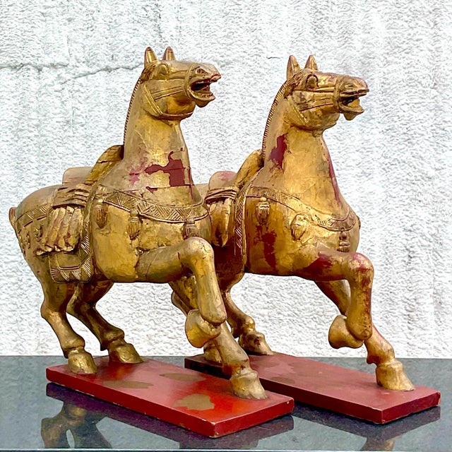 Vintage Asian Gilt Carved Wooden Emperor Horses - a Pair For Sale In West Palm - Image 6 of 13