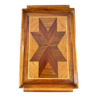 Mid Century Wood (Teak?) Serving Tray With Geometric Moravian Star Inlay For Sale