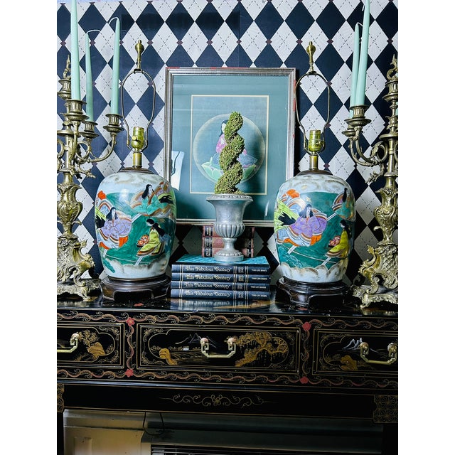 1950s Hand-Painted Japanese Porcelain Tabletop Lamps Pair Court Ladies, Large 32"h For Sale - Image 12 of 18
