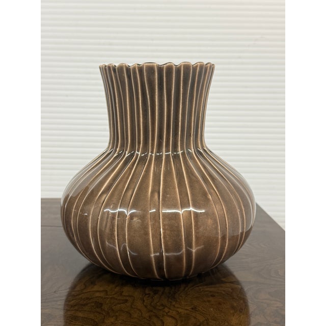 Brown Barbara Eigen Ribbed Ceramic Vases, Pair For Sale - Image 8 of 12