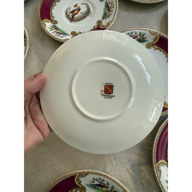 Burgundy Vintage Myott Chelsea Bird Dessert Plates – 6 7/8 Inch Staffordshire England Plates – Burgundy and Gold English China - Set of Ten (10) For Sale - Image 8 of 9