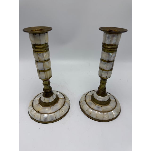 Boho Chic Vintage Mother of Pearl Candlesticks For Sale - Image 3 of 8