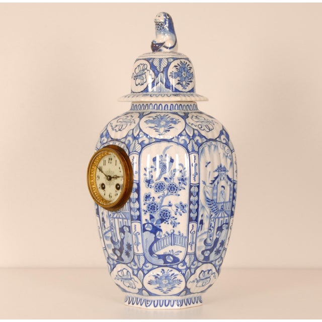 Delft Antique Delft Vase Clock, Blue White Chinoiserie Vase Kangxi Style, Foo Dog Finial For Sale - Image 4 of 14