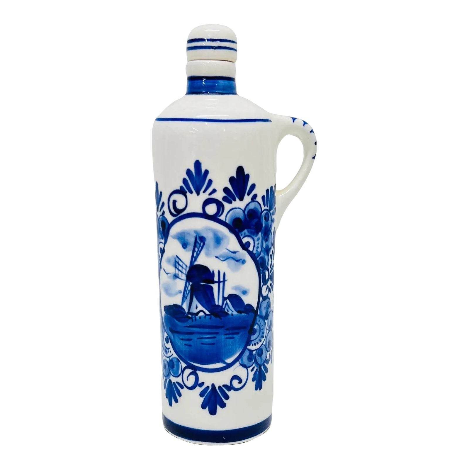 Mid 20th Century Delft Blue and White Liquor Bottle | Chairish