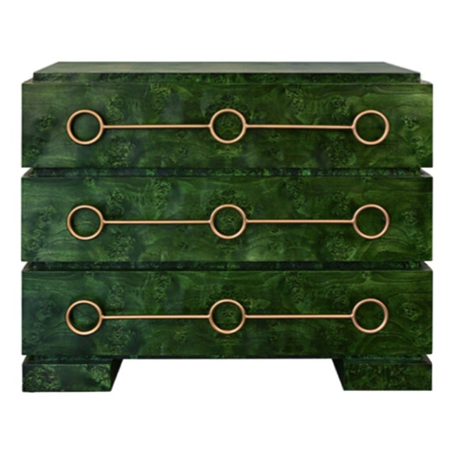 Matthew Izzo Home Roderick Green Burlwood Three Drawer Chest With Brass Accents For Sale