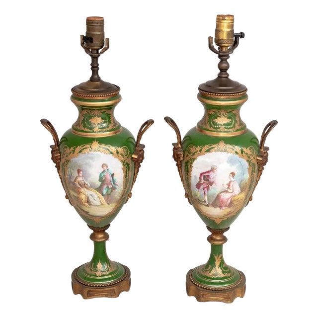Sevres Green Ground Vases Mounted as Lamps, Pair For Sale