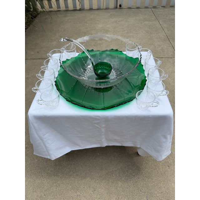 1930's New Martinsville Crystal and Emerald Radiance Punch Bowl With Underplate and Ladel, Complete Set For Sale - Image 10 of 11