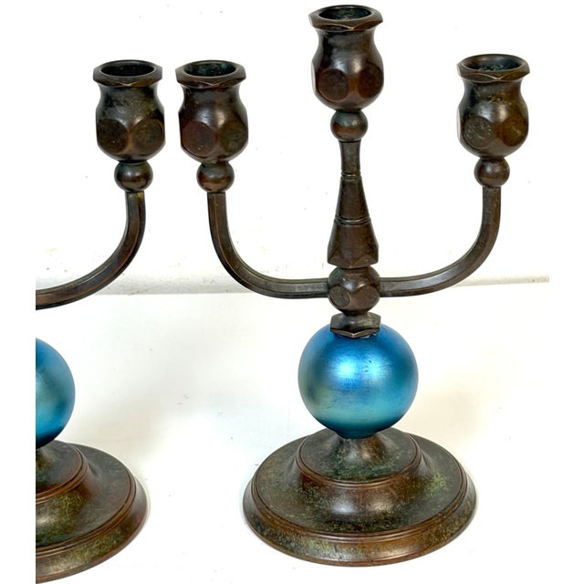 Pair Tiffany Studios No. 1312 Patinated Bronze & Blue Favrile Glass Candelabra For Sale - Image 10 of 16