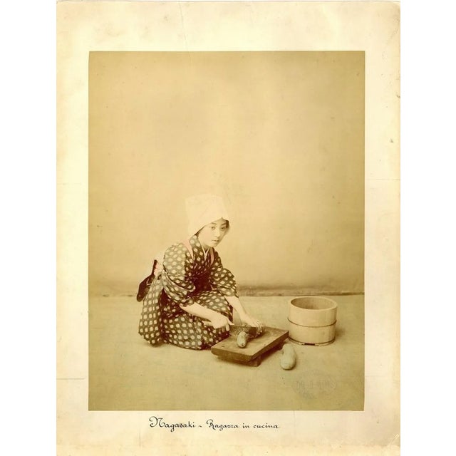 Japanese Woman Cooking by Shin E Do - Hand-Colored Albumen Print 1870/1890 1870/1890 For Sale