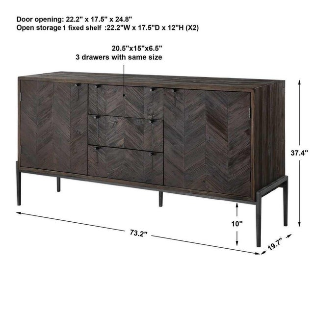 Hand pieced from recycled pine in an updated chevron pattern finished in dark walnut with a subtle gray wash, set into an...
