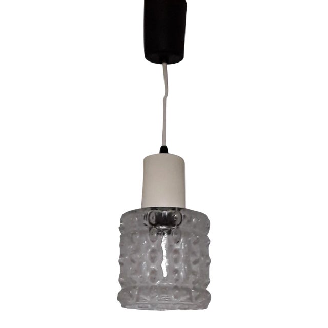 Ceiling Lamp with Clear Relief Pressed Glass Shade, Cream Plastic Mount and Black Plastic Canopy, 1970s For Sale