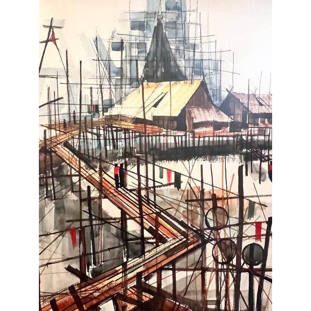 1960s Mid-Century Modern Thai Fishing Village Original Watercolor Painting by Sanga Mukmanee - Framed For Sale - Image 4 of 15