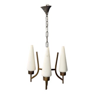 Angelo Lelli, Italian Modern, Brass, Opal Glass, Chandelier, Italy, 1950s For Sale