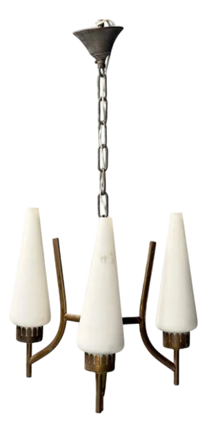 Angelo Lelli, Italian Modern, Brass, Opal Glass, Chandelier, Italy, 1950s