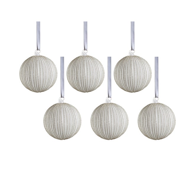 Glittering Elegance 6-Piece Silver Glass Ball Ornament Set, 4" For Sale