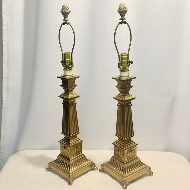 Late 20th Century Vintage 1990s Robert Abbey Neoclassical Style Brass Table Lamps - A Pair For Sale - Image 5 of 12