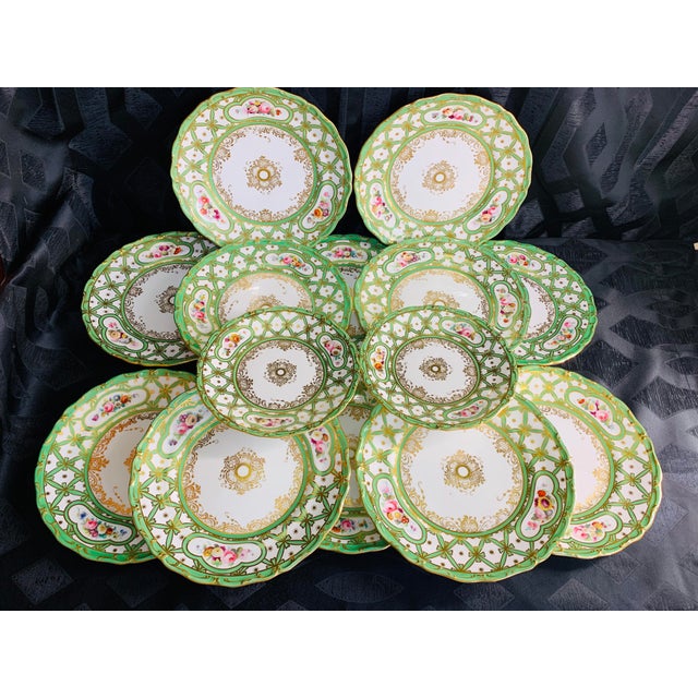 Early 19th Century Rare Green and Gold Floral Davenport Longfort Staffordshire Plates - Set of 14 For Sale - Image 10 of 11