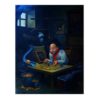 1990s Anatolii Kozelsky Surrealist Oil Painting the Alchemist or Money Counting Scholar For Sale