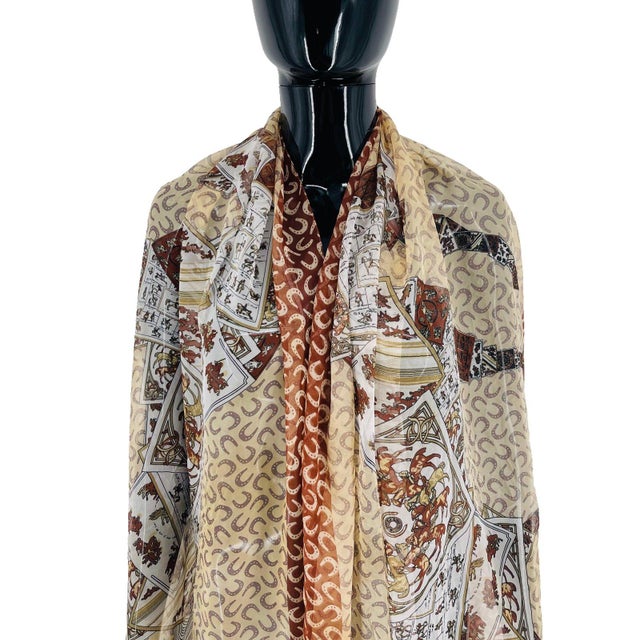 French Hermes Light Brown Printed 100% Silk Scarf For Sale - Image 3 of 9