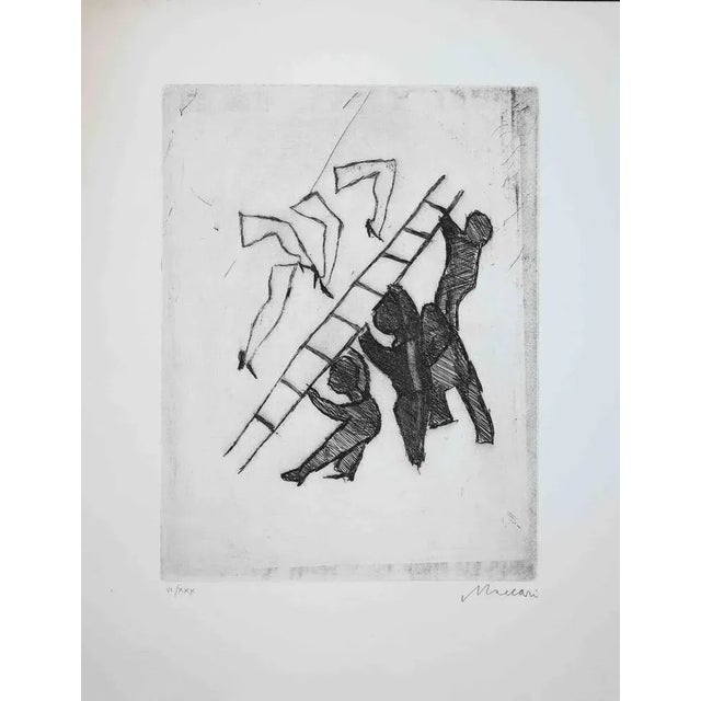 Figures is an original print realized by Mino Maccari in Mid-20th Century. Beautiful black and white etching on ivory-...