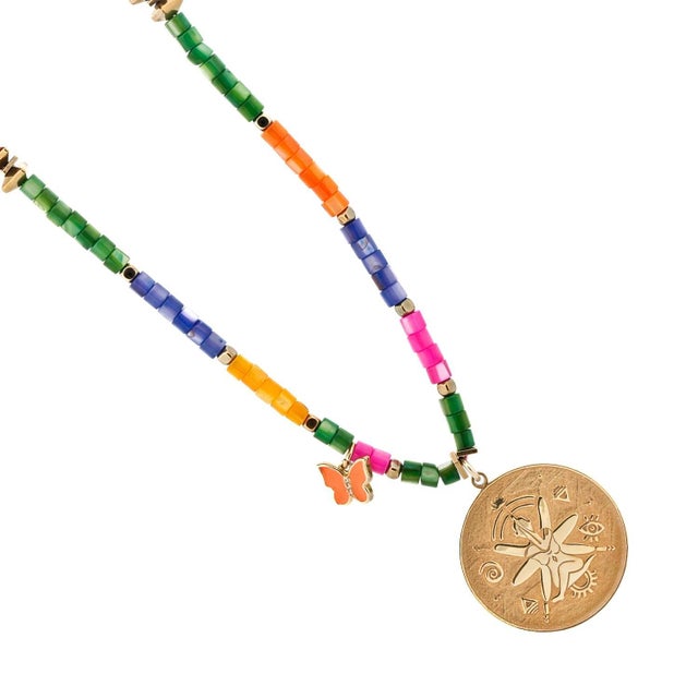 Spiritual Symbol Gold Pendant Colorful Beaded Necklace For Sale In Miami - Image 6 of 8