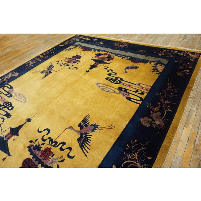 1920s Canary Yellow Scene Pictoral Antique Chinese Art Deco Hand Knotted Rug 9'x 11' 7" Wool Carpet For Sale - Image 13 of 17