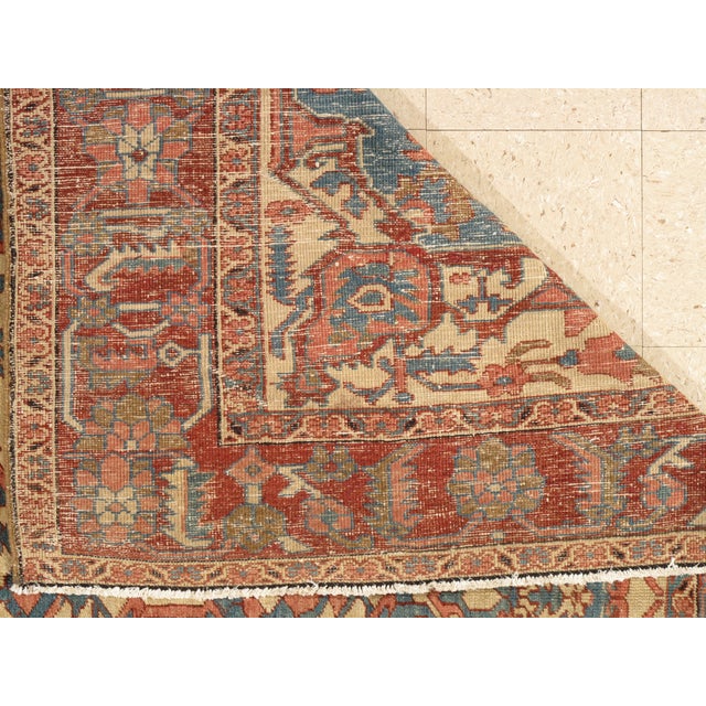 Antique Persian Serapi Carpet, Handmade Rug Light Blue, Ivory, Rusty Red For Sale - Image 11 of 12