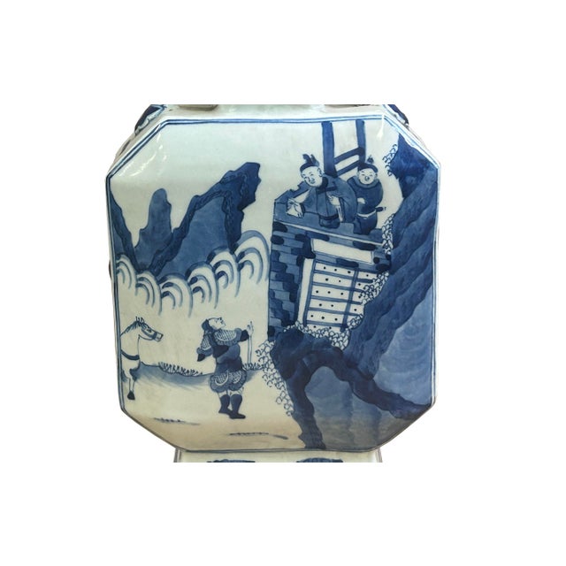 Chinese Blue White Porcelain Hexagonal Figural Graphic Art Vase For Sale - Image 11 of 15
