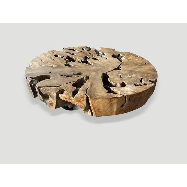 Contemporary Andrianna Shamaris Teak Wood and Steel Round Coffee Table For Sale - Image 3 of 5