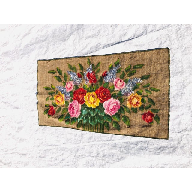Vintage Hand Painted Floral Art Over Coarse Juth For Sale In New York - Image 6 of 7